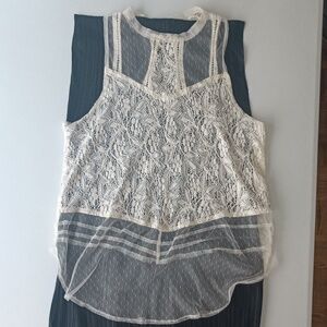 Rebellion Size L Ethereal Cream Lace Mesh 70 % Cotton Sleeveless Tank Top